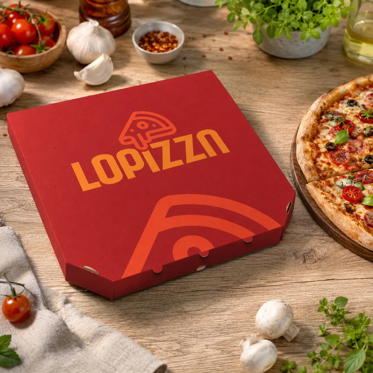 Red pizza box packaging design