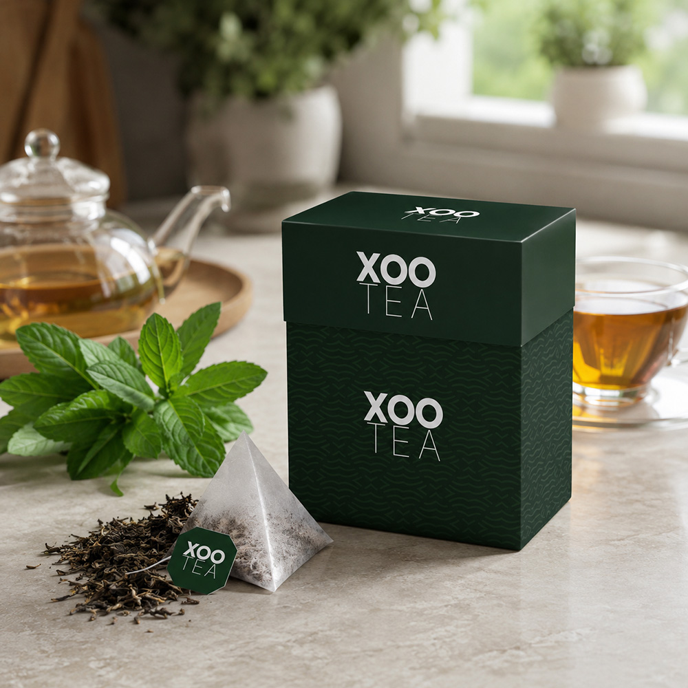 Tea box and pyramid bag packaging design