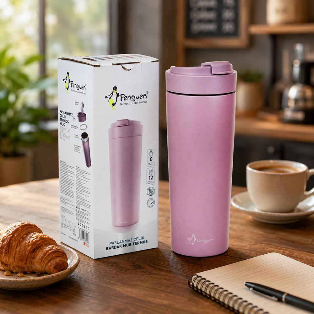 Pink thermos mug product box design