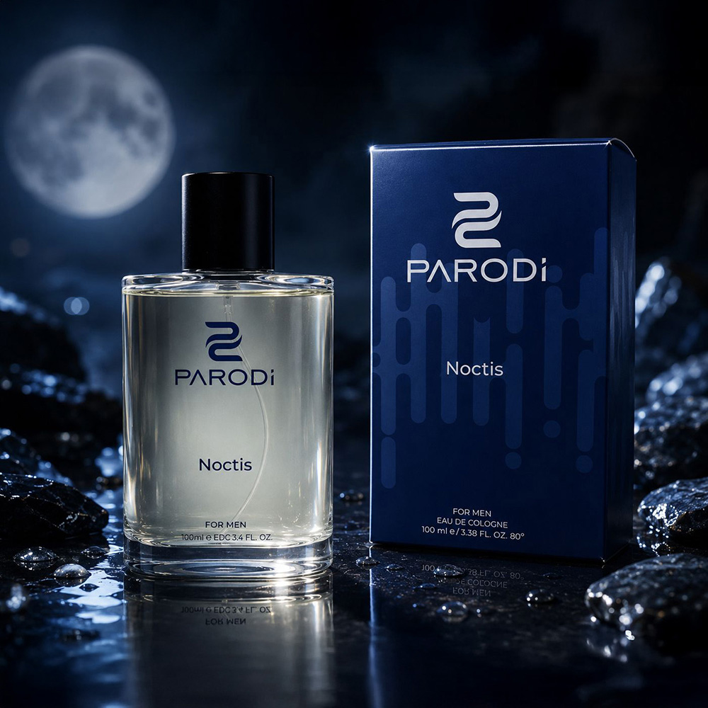 Night-themed blue perfume box design