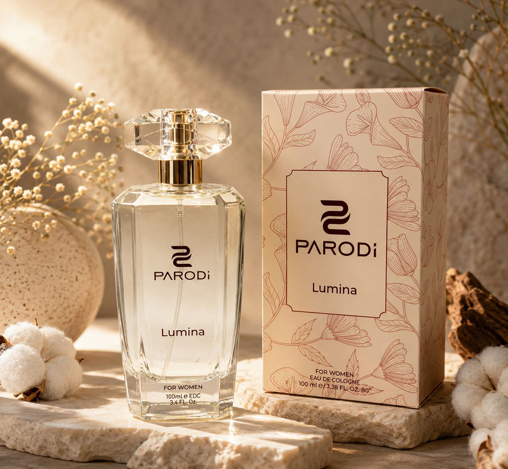 Women's perfume box and bottle label design